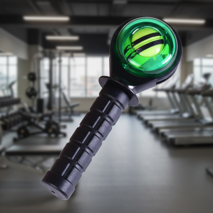 A black and green hand grip trainer with a textured handle and a clear green top showing a yellow ball, photographed in a blurred gym environment.