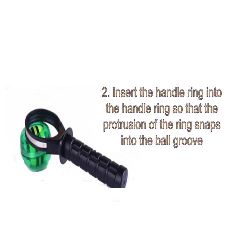 Green and black wrist workout handle ring assembly on a white background with text instructions.