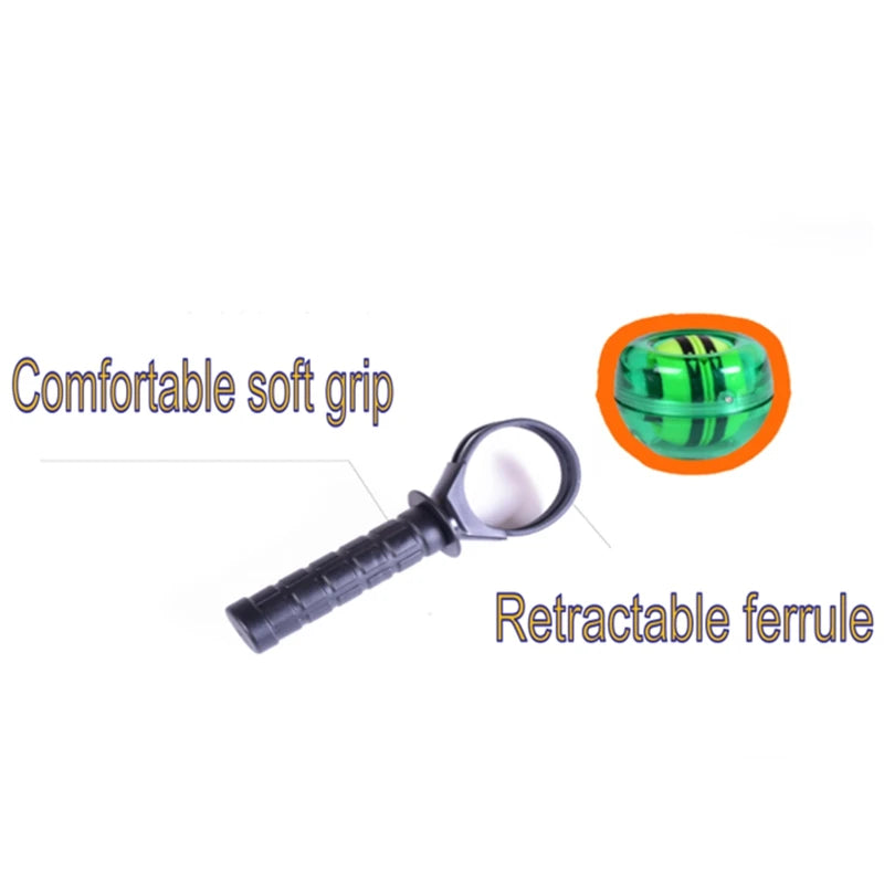 Retractable gyro wrist exerciser with text highlighting features on a white background