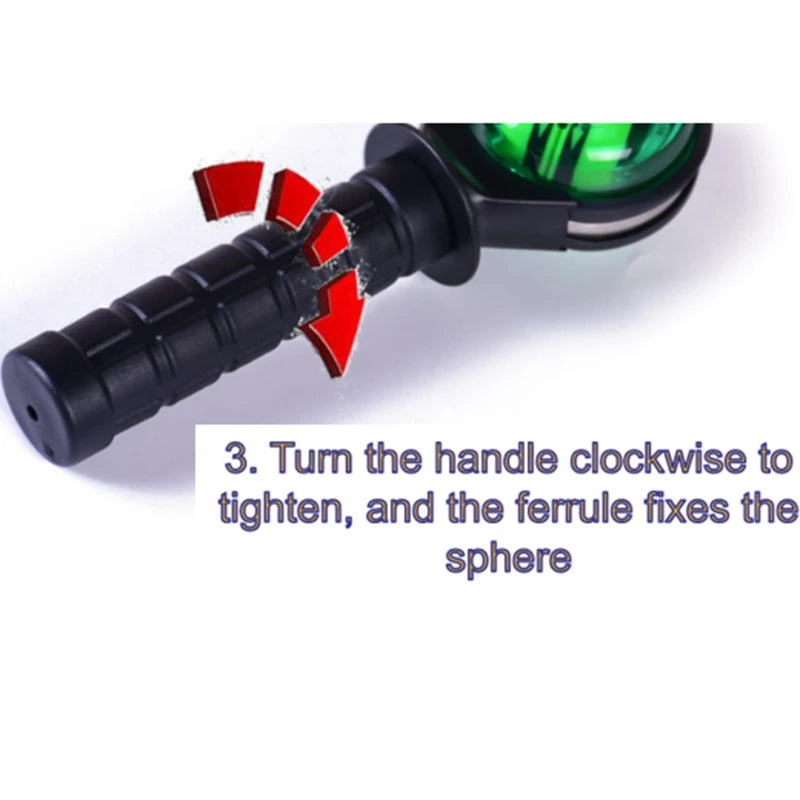 Close-up of a black handle with red arrows and text on a white background