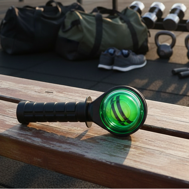 A black handheld fitness tool with a ribbed handle and a circular green illuminated head, resting on a wooden bench in an outdoor gym setting with duffel bags, shoes, and kettlebells blurred in the background.