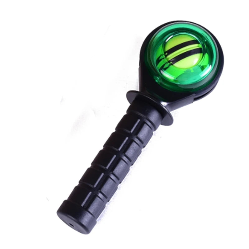 Black handle forearm trainer with green ball on a white background