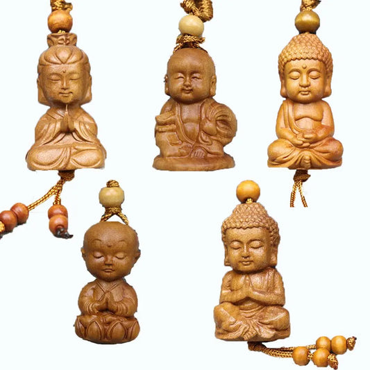 Hand-carved wooden Buddha keychains with prayer and meditation poses