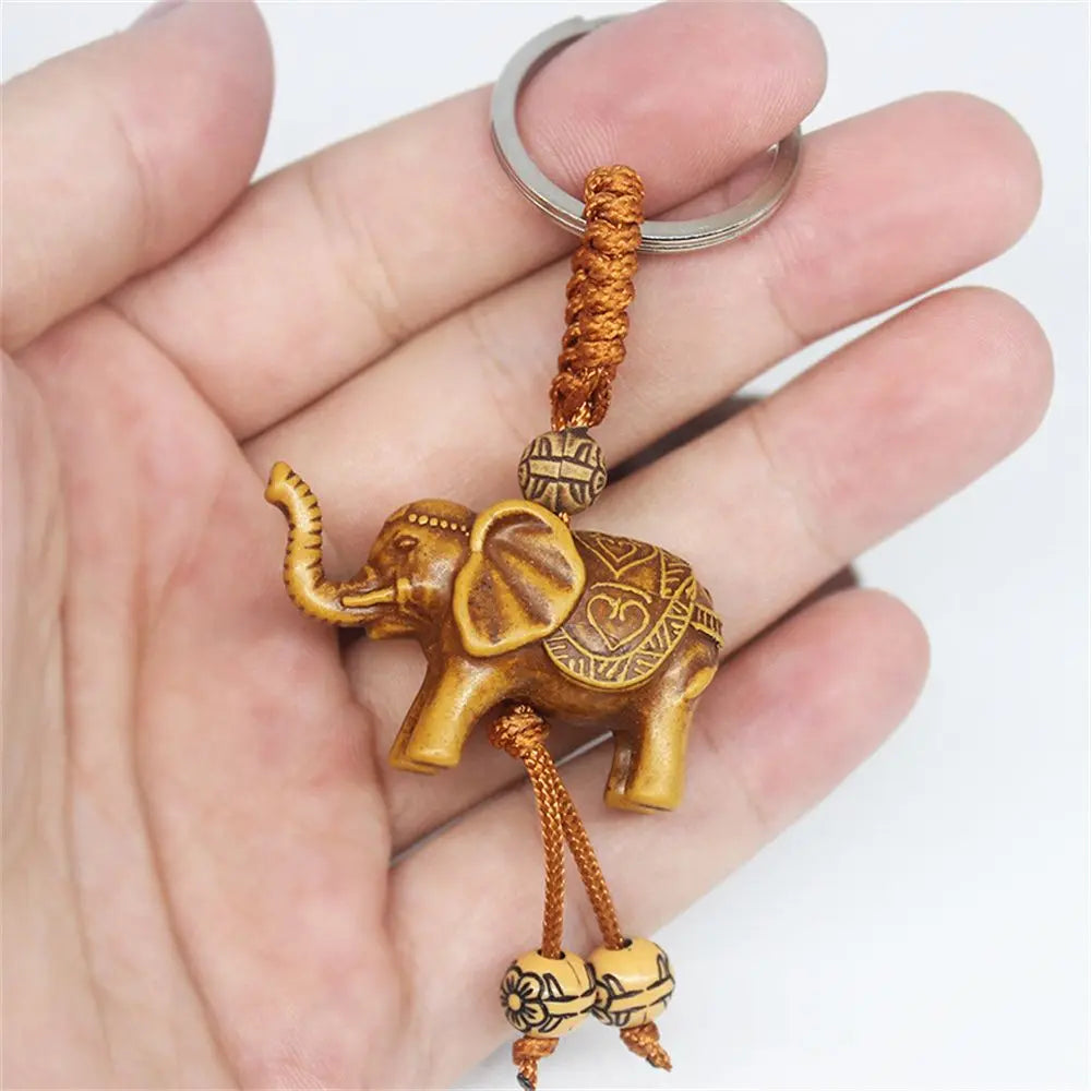 Hand-Carved Wooden Buddha & Elephant Keychain Charms – Spiritual Lucky Totems
