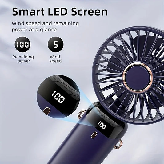 Portable fan with smart LED screen displaying wind speed and remaining power on a light gray background.