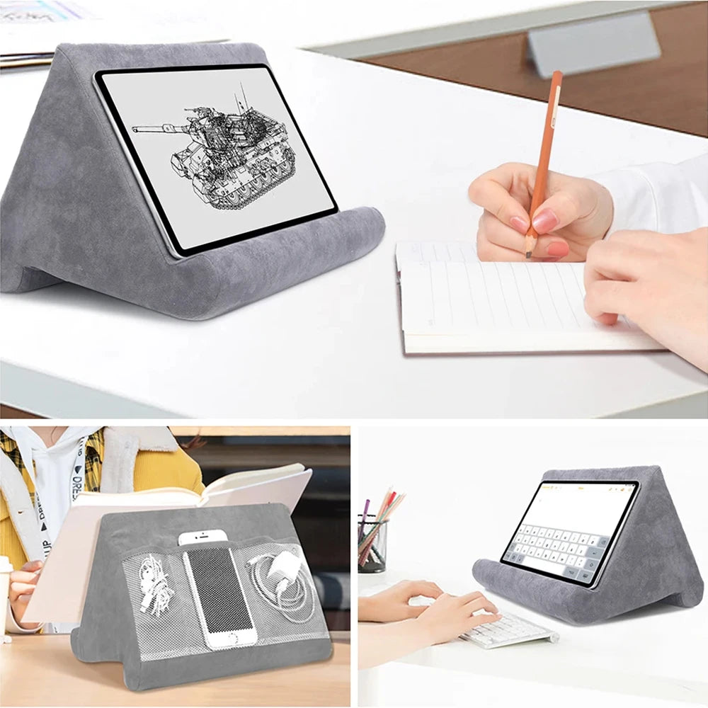Child or student utilizing 'Multipurpose display of 'Pad Prop Pillow Tablet Stand | Soft Sponge Wedge for Reading, Streaming & Gaming' in different scenarios showcasing versatility.