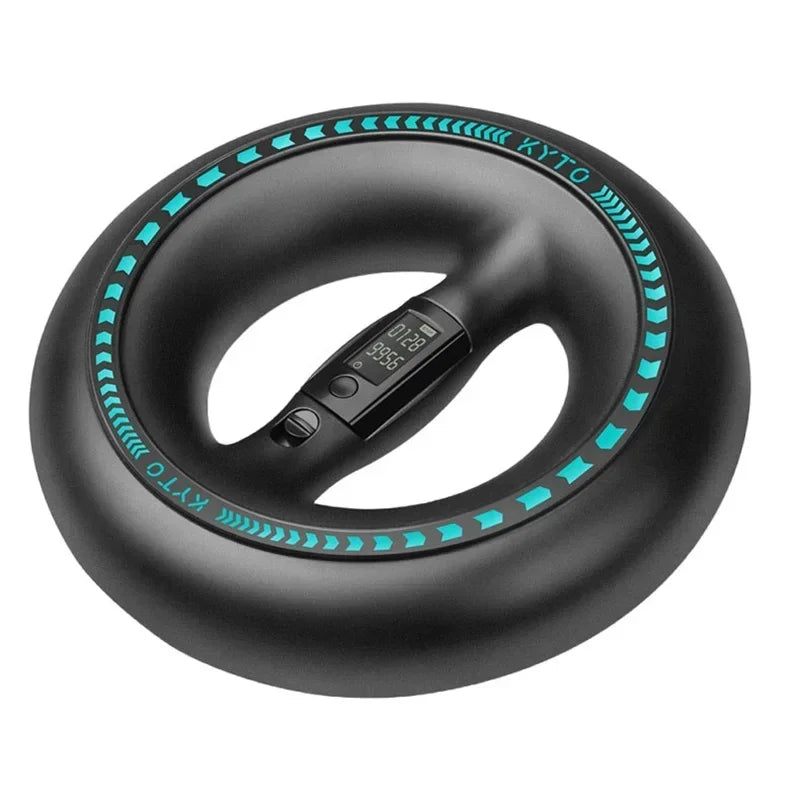 Electronic gyroscope hand strengthener ring for grip and forearm training.