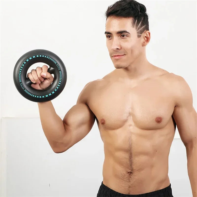 Athlete using the centrifugal powerball ring to workout biceps and wrists.