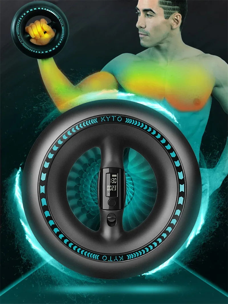 Athlete using the centrifugal powerball ring to workout biceps and wrists.