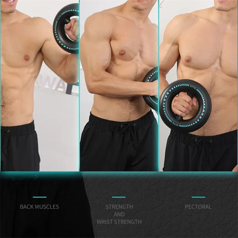 Athlete using the centrifugal powerball ring to workout biceps and wrists.