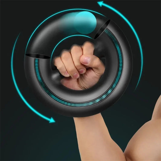 Electronic gyroscope hand strengthener ring for grip and forearm training.