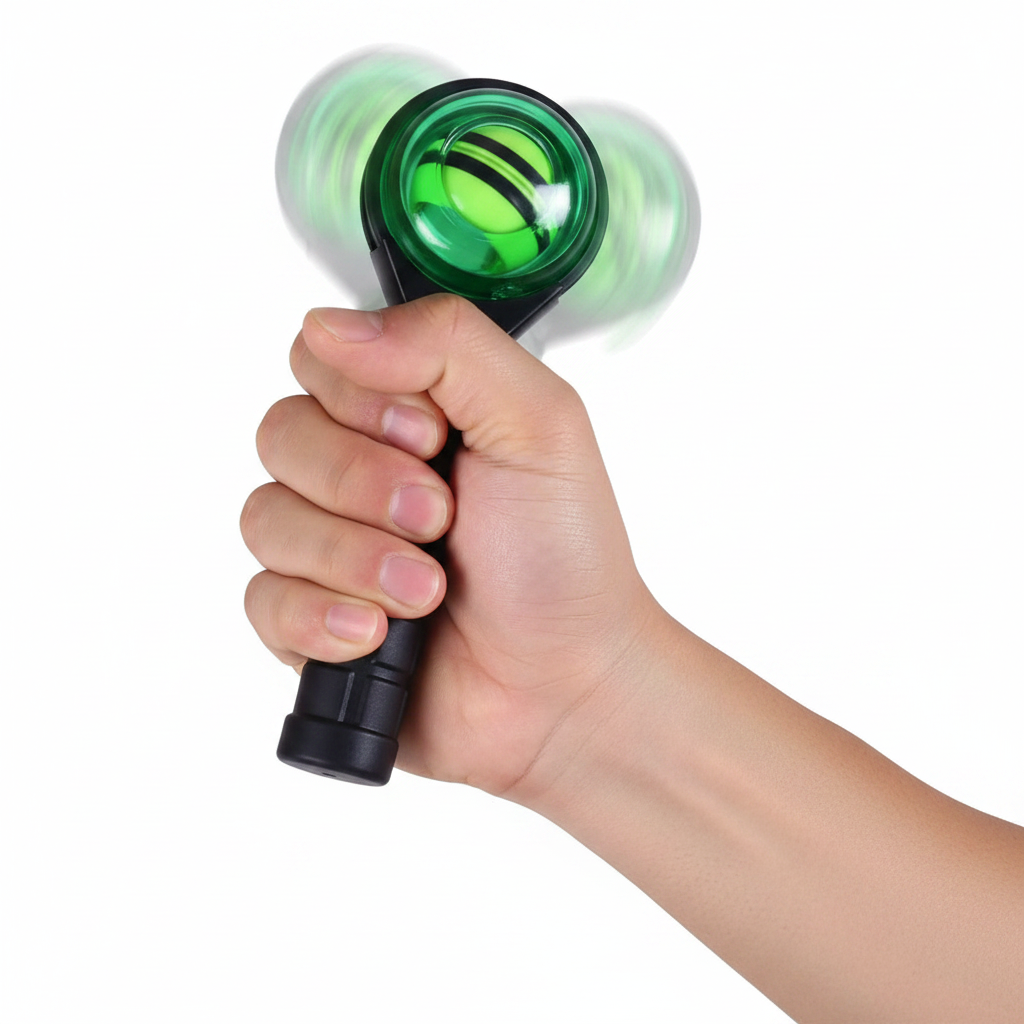 A black handheld fitness tool with a ribbed handle and a circular green illuminated head, resting on a wooden bench in an outdoor gym setting with duffel bags, shoes, and kettlebells blurred in the background.