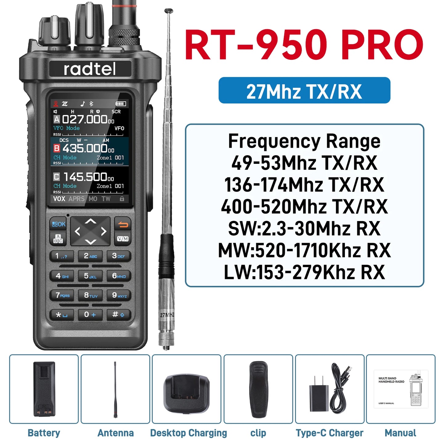 Radtel RT-950 PRO radio communication device with specifications on a white background