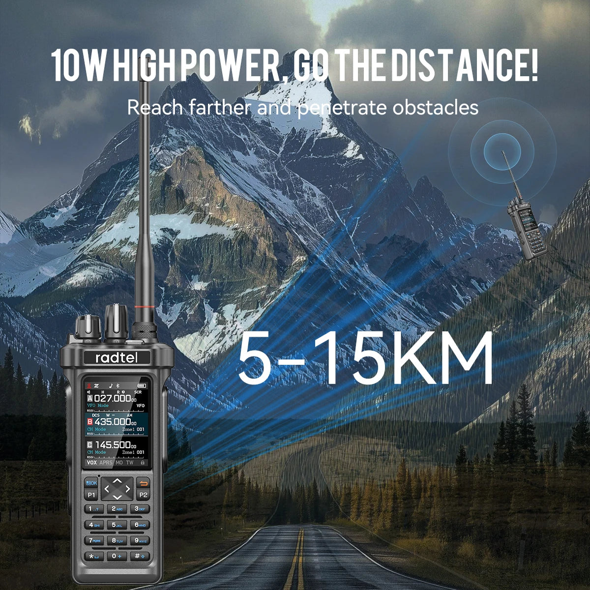 Radtel radio with mountainous landscape and text about high power and range