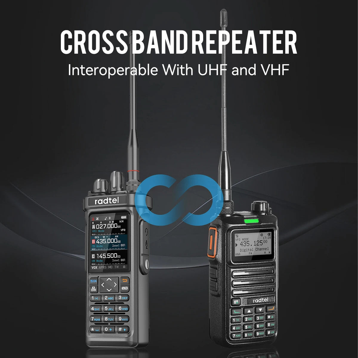 Two radtel cross band repeaters on a dark background with text indicating interoperability with UHF and VHF.