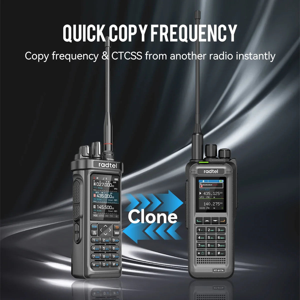 Two walkie-talkie devices with a 'Clone' feature on a dark background