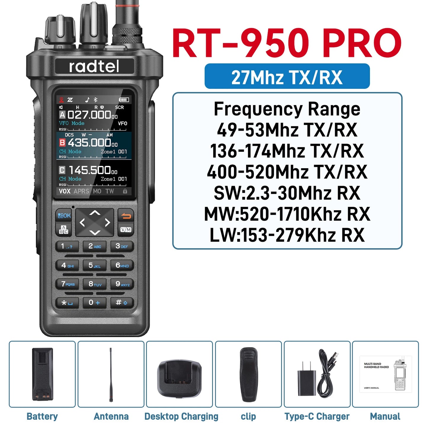 Radtel RT-950 PRO radio communication device with features and specifications on a white background