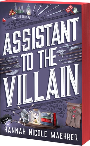 Book cover of 'Assistant to the Villain' by Hannah Nicole Maehrer with a red spine and various objects on a purple background.