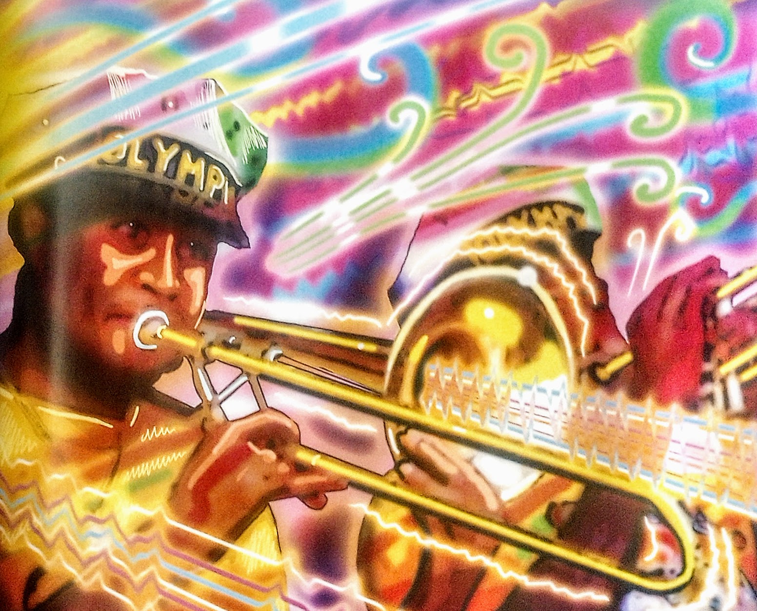 Trumpet player depicted in artwork from 'Happy Jazz Fest' book by Cornell Landry.