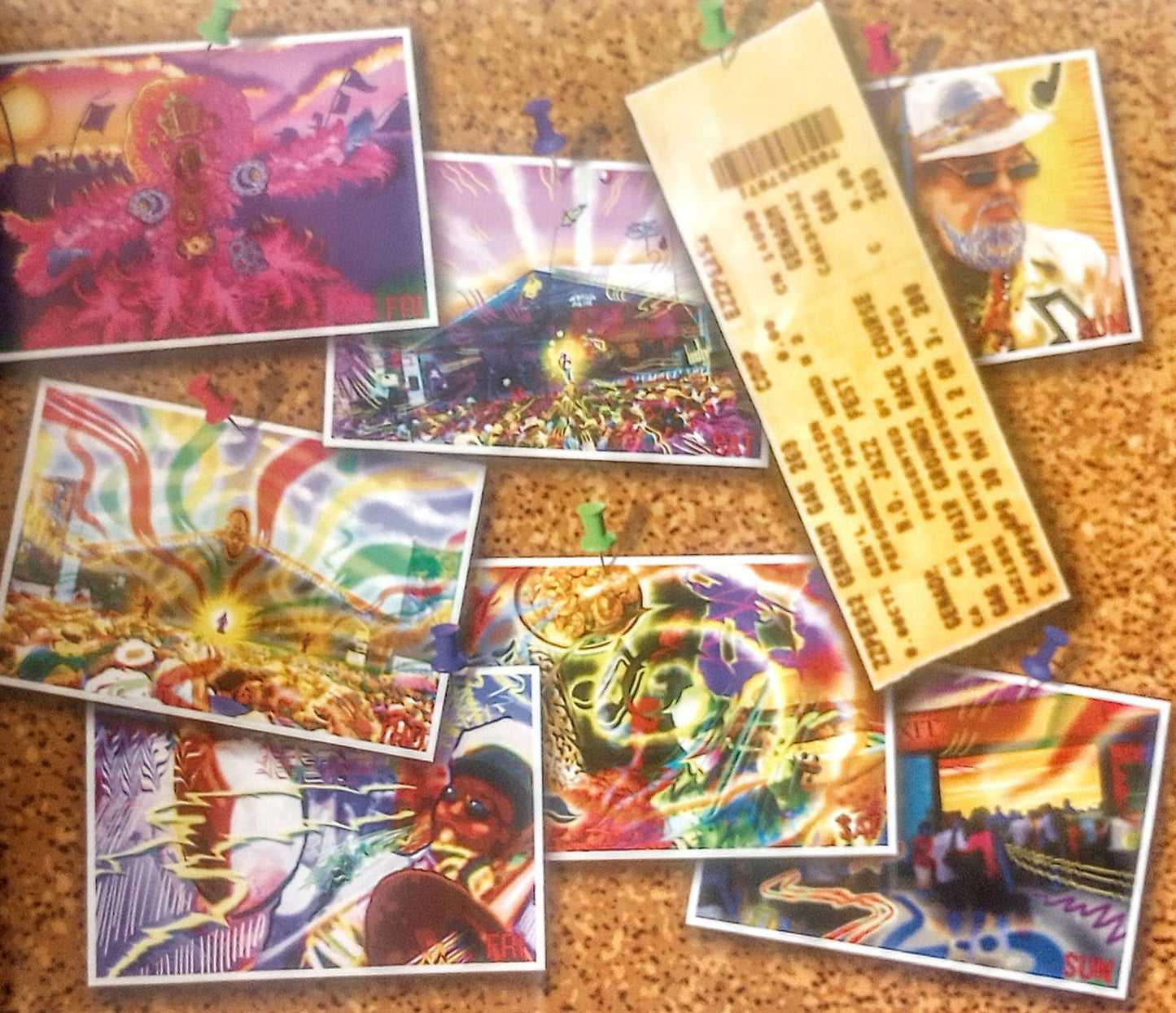 Corkboard from book 'Happy Jazz Fest' by Cornell Landry featuring photos and event tickets.