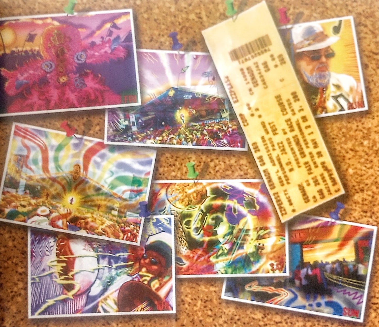 Corkboard from book 'Happy Jazz Fest' by Cornell Landry featuring photos and event tickets.