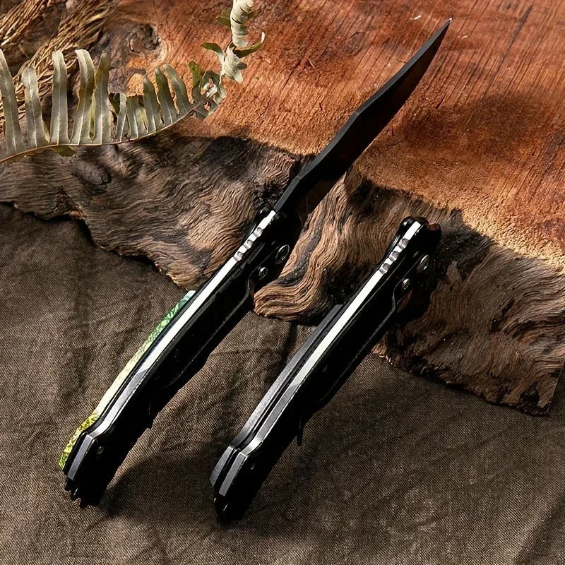 Black pocket knife on a wooden surface with a natural background