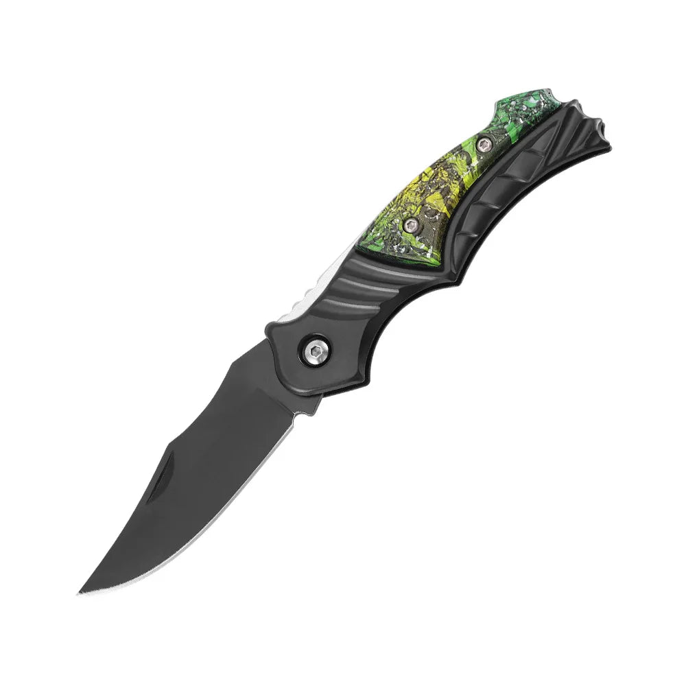 Folding knife with a green camouflage handle on a white background