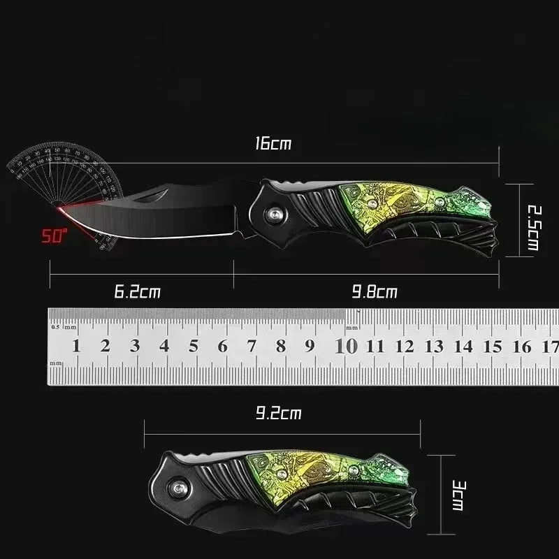 Folding knife with measurements on a black background