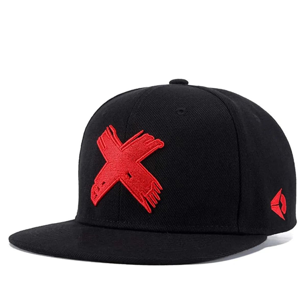 Black cap with a red x-logo on a white background