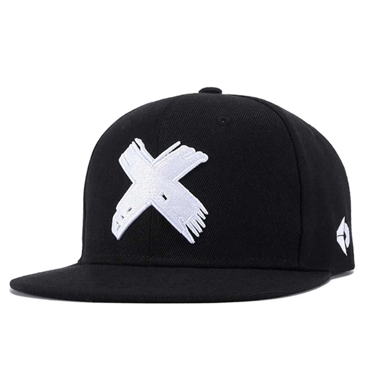 Black cap with a white x-logo on a white background