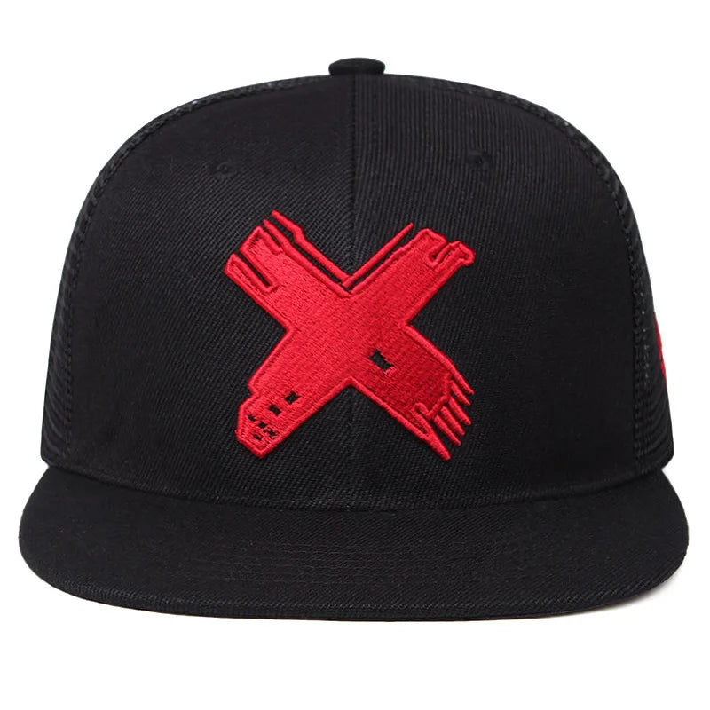 Black X cap with a red logo on a white background