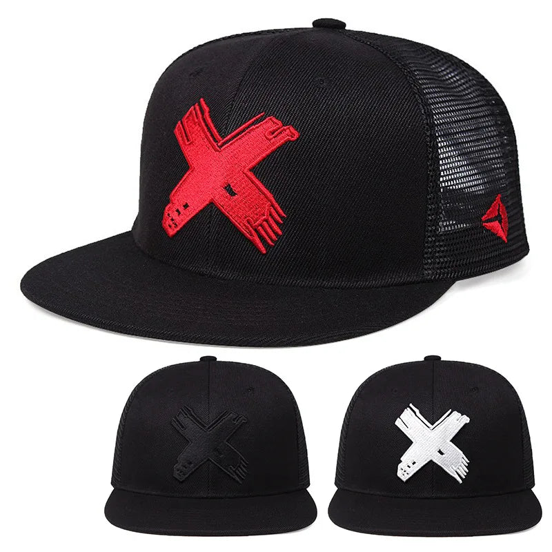 Black caps with red, white, and black 'X' logos on a white background