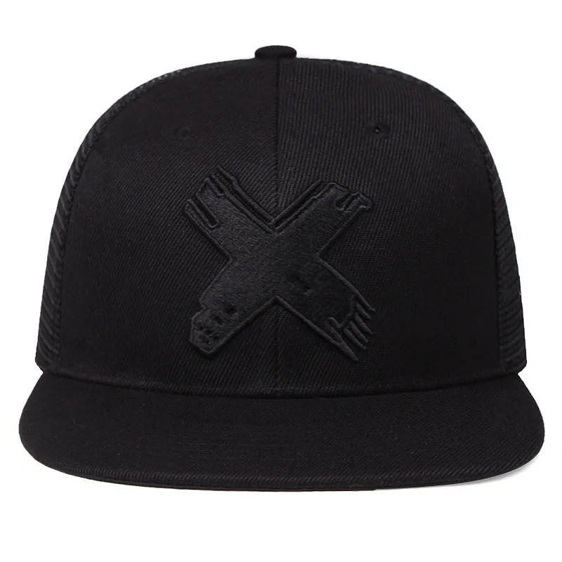 Black cap with a X-logo on a white background