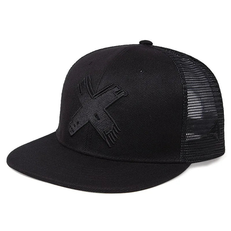 Black trucker cap with a x-logo on a white background