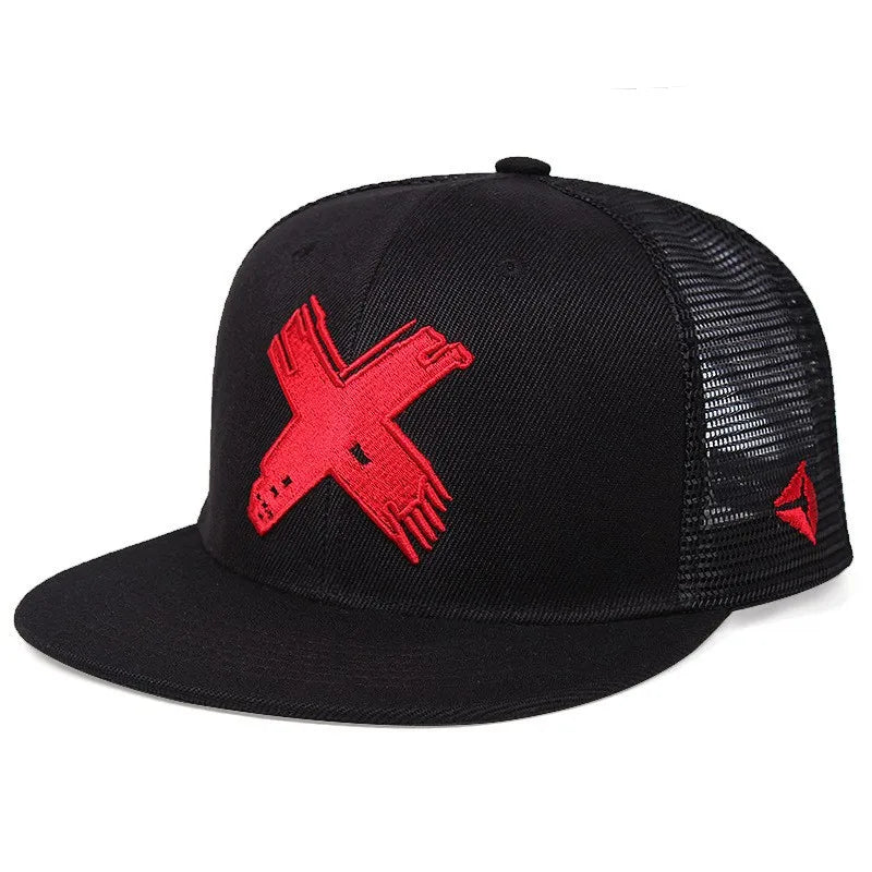 Black cap with a red x-logo on a white background