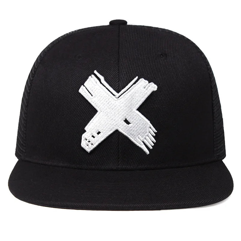 Black cap with a white x-logo on a white background