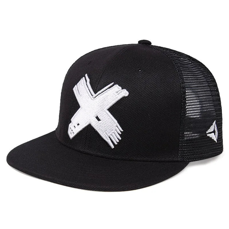 Black trucker cap with a white x-logo on a white background