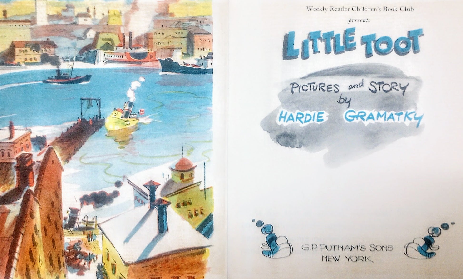 Illustrated book title page of 'Little Toot' with a harbor scene and Putnam's Sons logo.