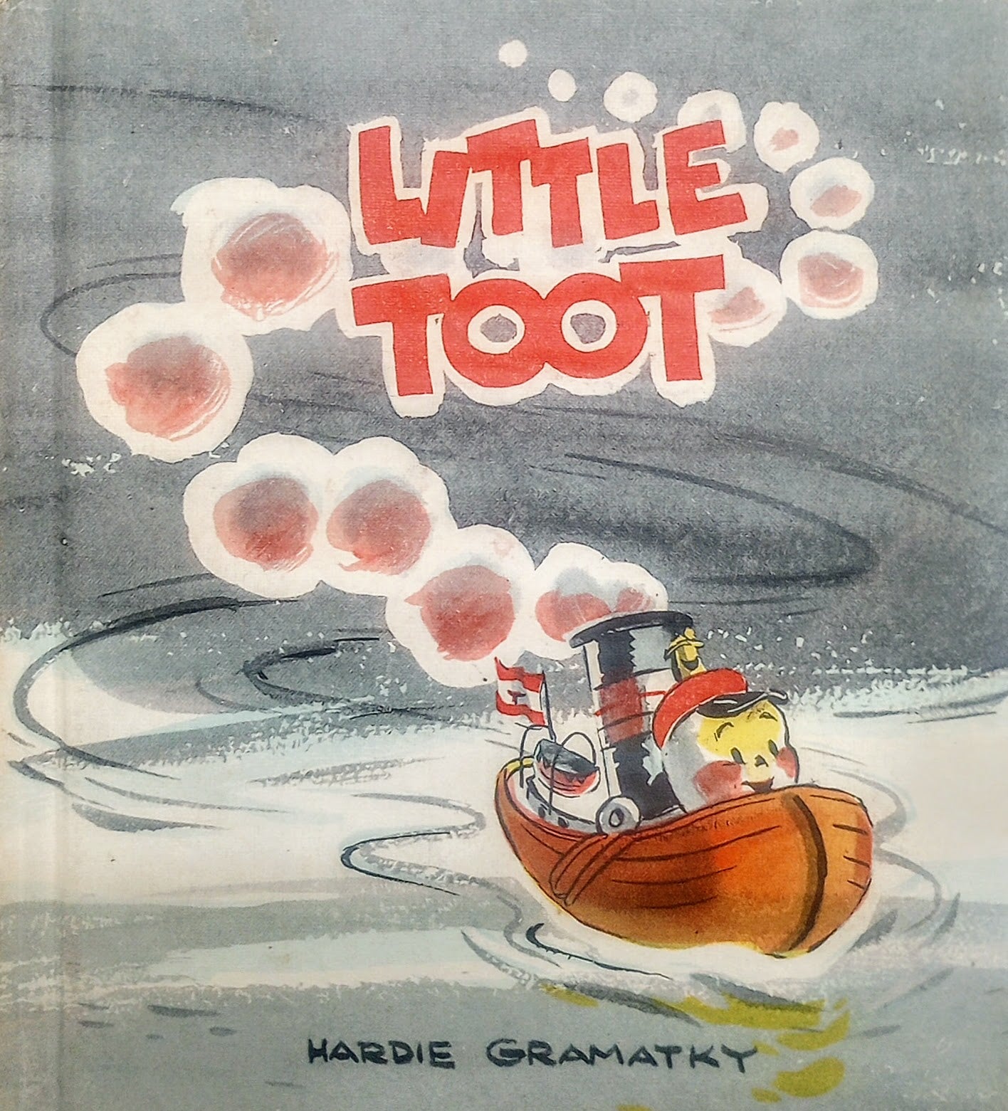 Illustrated book cover of 'Little Toot' with a steamboat and smoke on a gray background.