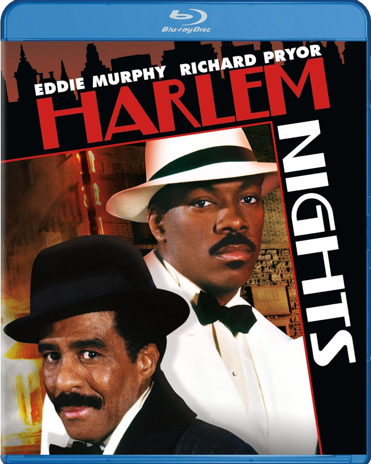 A Blu-ray DVD cover for the movie 'Harlem Nights' featuring Eddie Murphy and Richard Pryor in suits with a cityscape background.