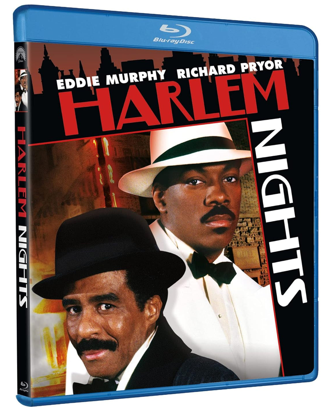 A DVD Blu-ray cover for the movie 'Harlem Nights' featuring Eddie Murphy and Richard Pryor in suits with a cityscape background.