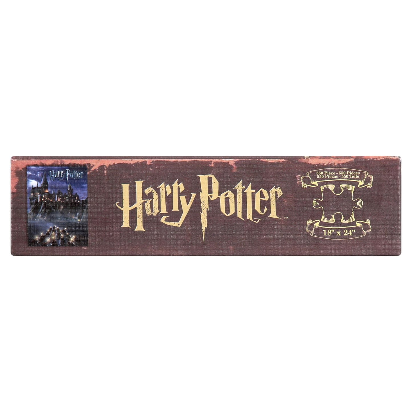 Side view of 'Harry Potter World (550) Piece Jigsaw Puzzle: Hogwarts School' showing puzzle details and finished photo.