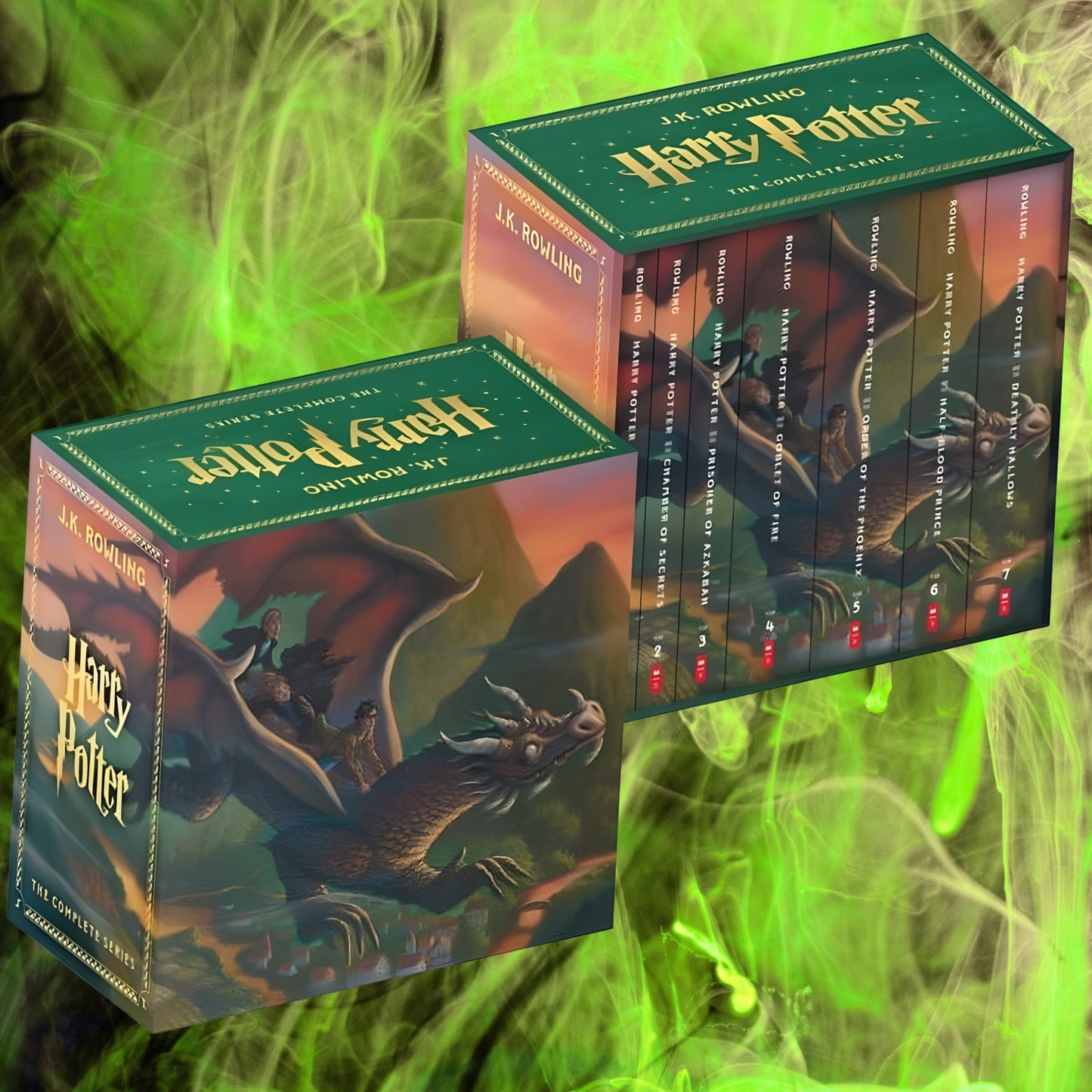 Collection of 'Harry Potter' books in green boxes with dragon illustration on a green smoke background