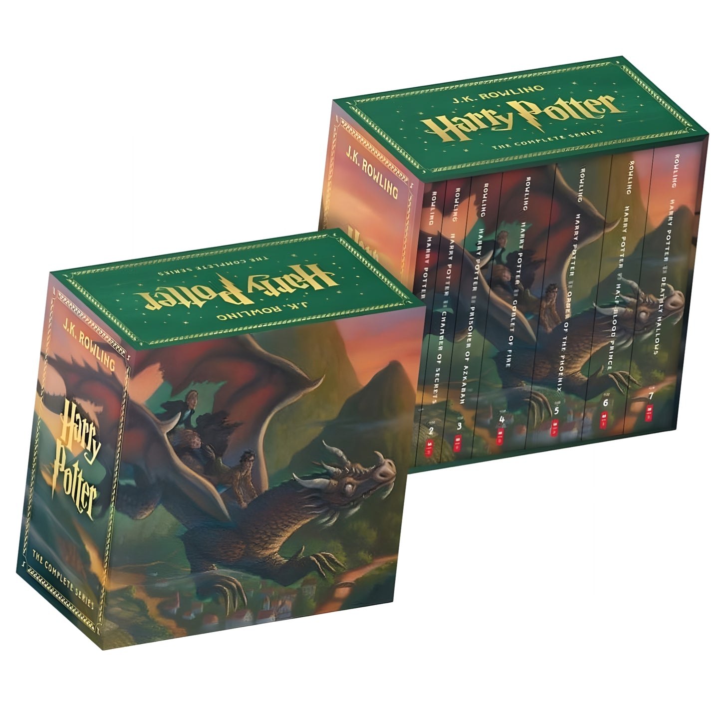 Harry Potter book series box set with dragon illustration on a white background