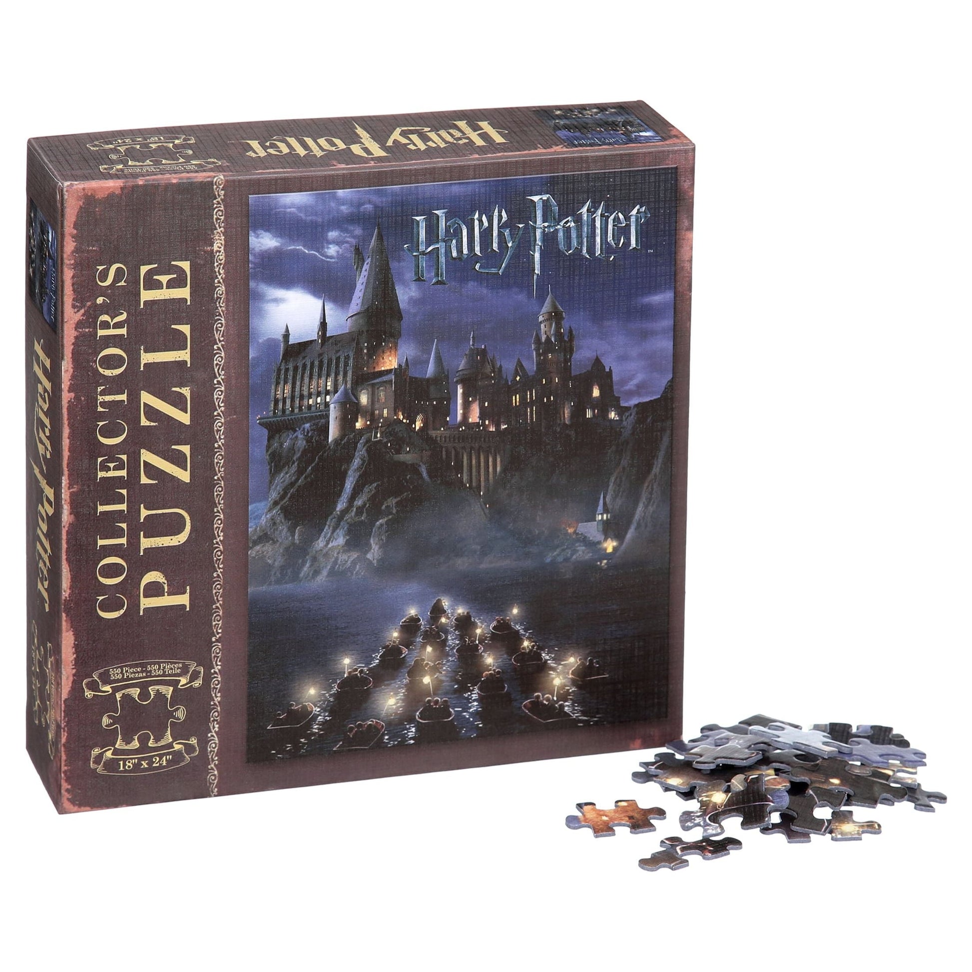 A 550-piece jigsaw puzzle box featuring Hogwarts School from the Harry Potter series, with an image of the castle at night with lights on the foreground.