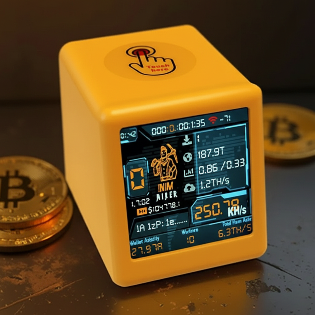 Yellow NerdMiner Smart TV with digital display on a dark surface with coins.