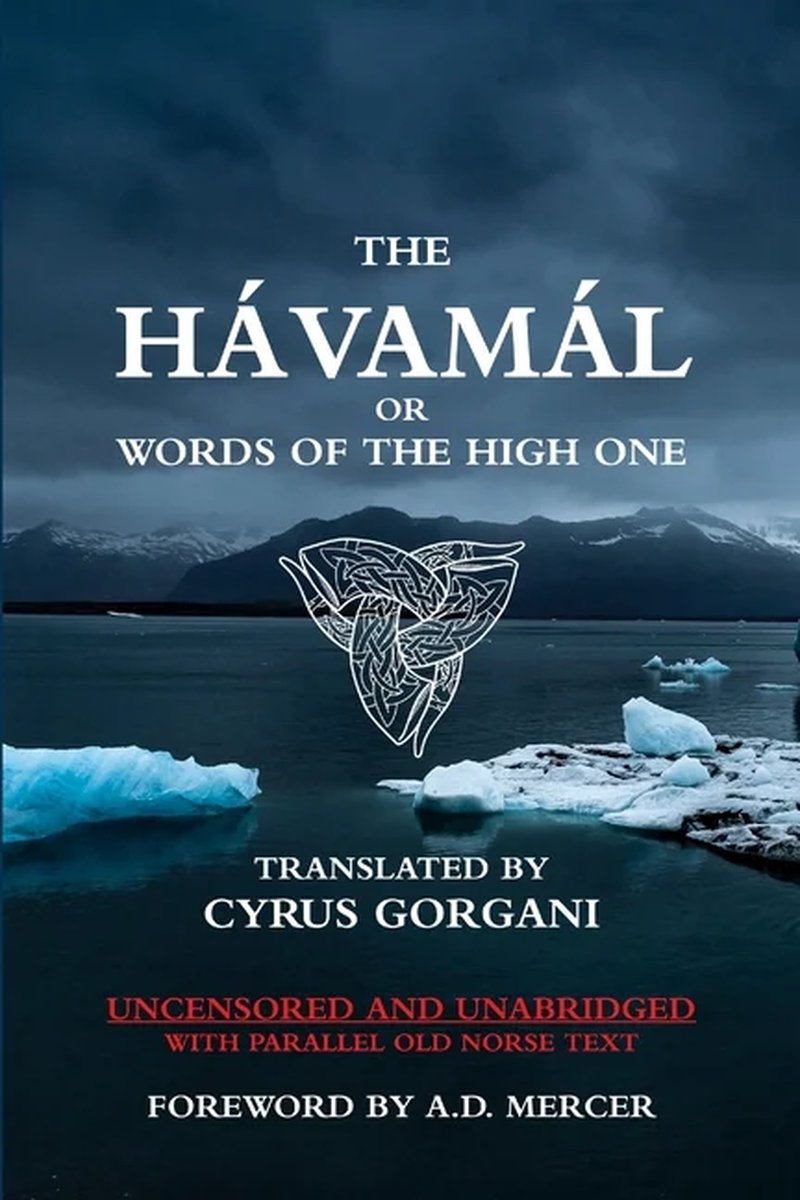 Book cover of 'The Hávamál or Words of the High One' with icy landscape and mountain background