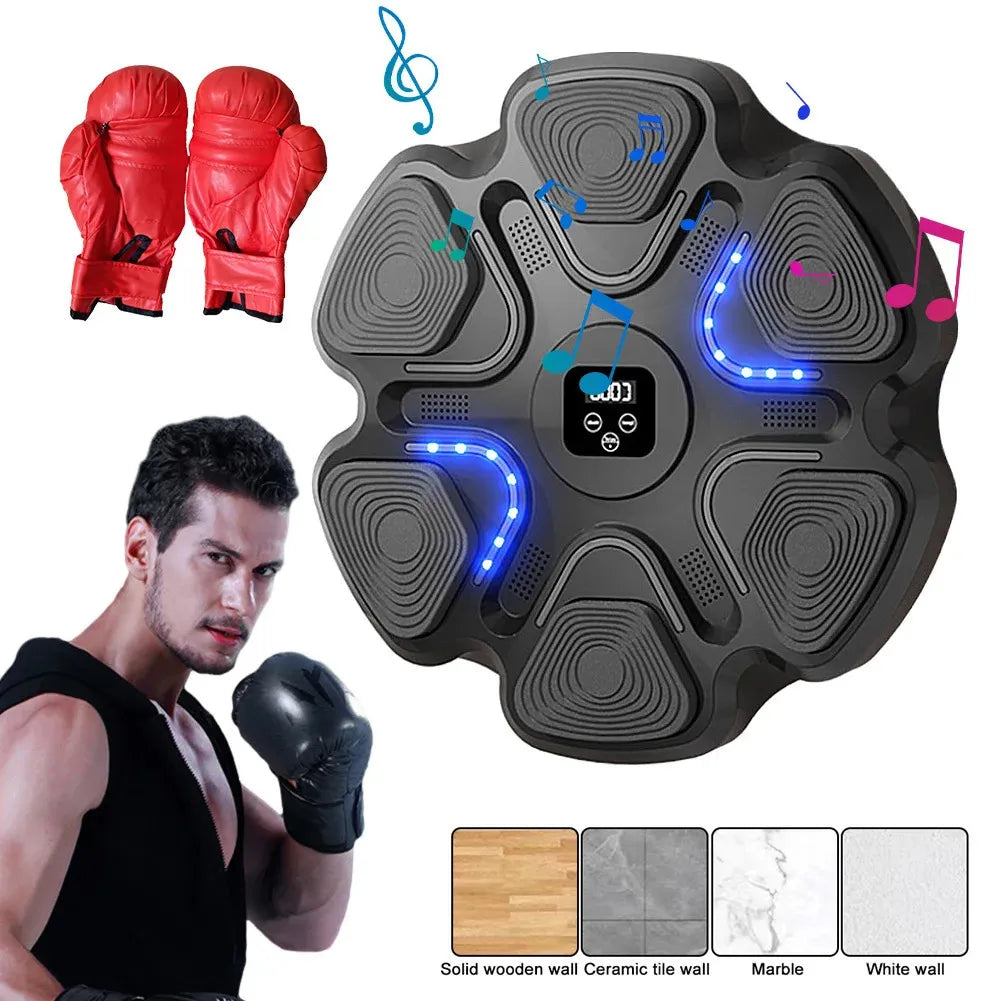 Haymaker Boxing-Music Playmaker: Bluetooth Strike Target W/ Music Mounted Punch Pad shown next to a photo of a fighter, a pair of gloves and a list of materials for hanging.