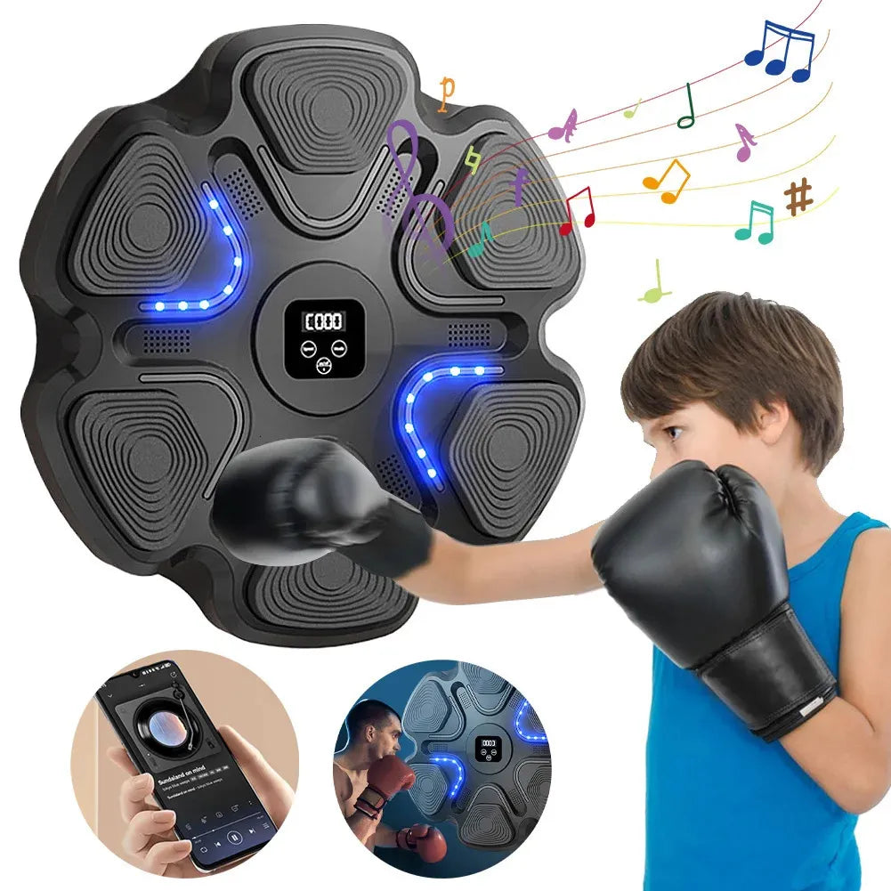 Haymaker Boxing-Music Playmaker: Bluetooth Strike Target W/ Music Mounted Punch Pad showing different scenarios of use around a kid practicing form and safe technique using gloves on the punch pad workout music machine.