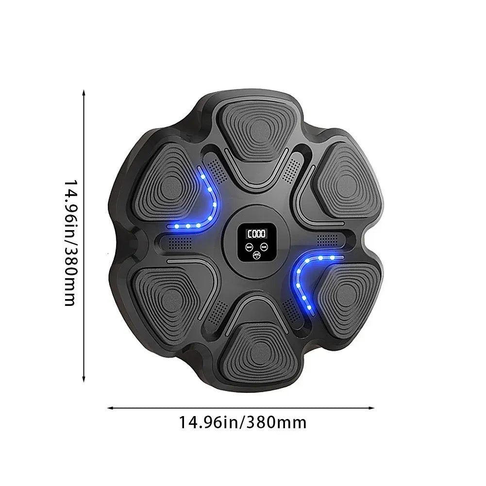 Haymaker Boxing-Music Playmaker: Bluetooth Strike Target W/ Music Mounted Punch Pad with dimensions and size chart, over white background.